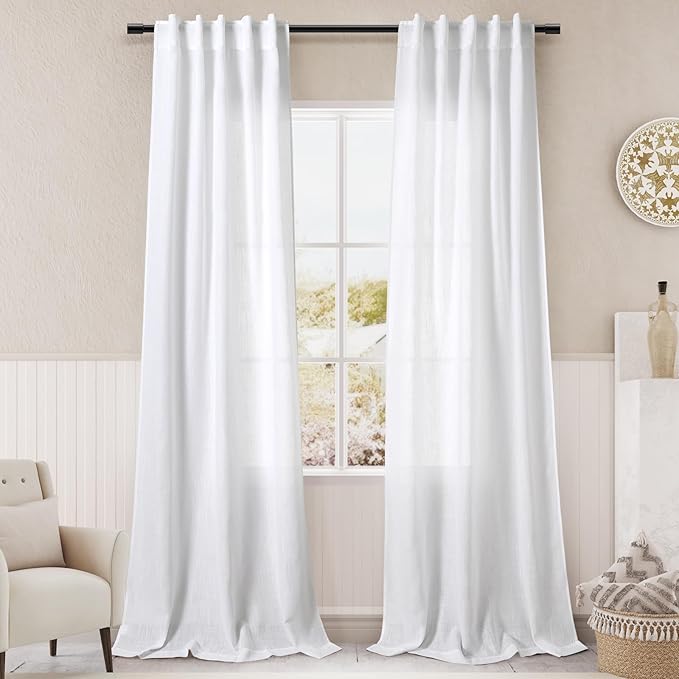 38 inch Width White Semi Sheer Linen Curtains 90 inches Long for Living Room Back Tab Modern Farmhouse Boho Coastal Decor Cotton Textured Narrow Window Curtains 90 inch Length for Sitting Room