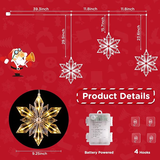 Marchpower Christmas Snowflake Window Lights, 3Pack 36LED Battery Powered Christmas Window Lights, Waterproof Snowflake Curtain Lights with Timer & 8 Modes for Indoor Outdoor Xmas Decor