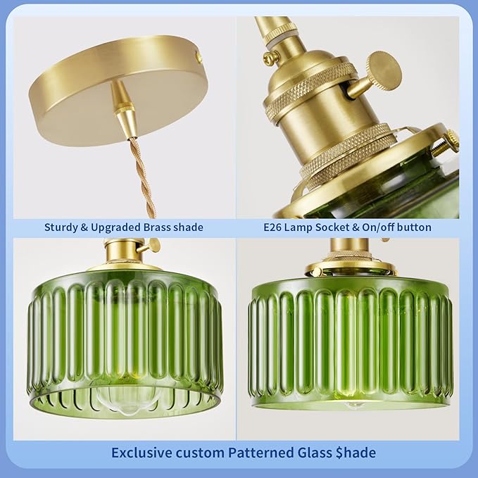 2 Pack Industrial Pendant Lighting, Modern Green Glass Shade Farmhouse Adjustable Hanging Light Fixtures for Kitchen Island Living Room Bedroom Hallway, Green