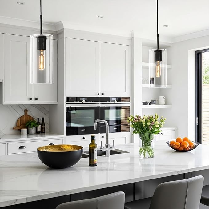Modern Pendant Light Kitchen Island Set of 2, Adjustable Black Clear Glass Pendant Light Fixtures, Pendant Lighting Over Island, Indoor Chandelier for Bedroom Bathroom, Included Bulb