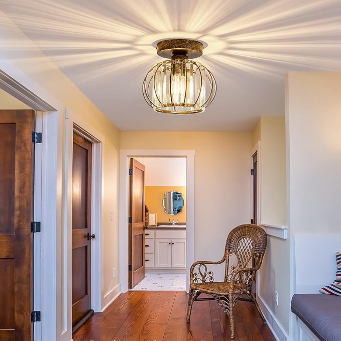 YYJLX Semi Flush Mount Ceiling Light Fixture E26 Mini Crystal Chandelier Oil Rubbed Bronze Small Ceiling Lamp for Entryway Bedroom Bathroom Hallway Closet Foyer Light