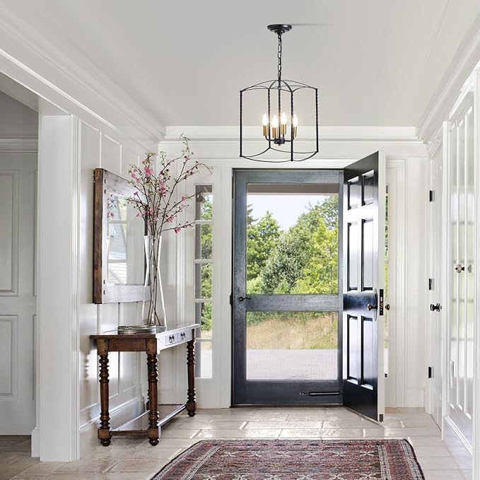 Industrial Black Chandelier 4-Light Lantern Pendant Lighting Fixture for Over Table Dining Room Kitchen Island Foyer Hallway,E12 Max 60W,12.60in
