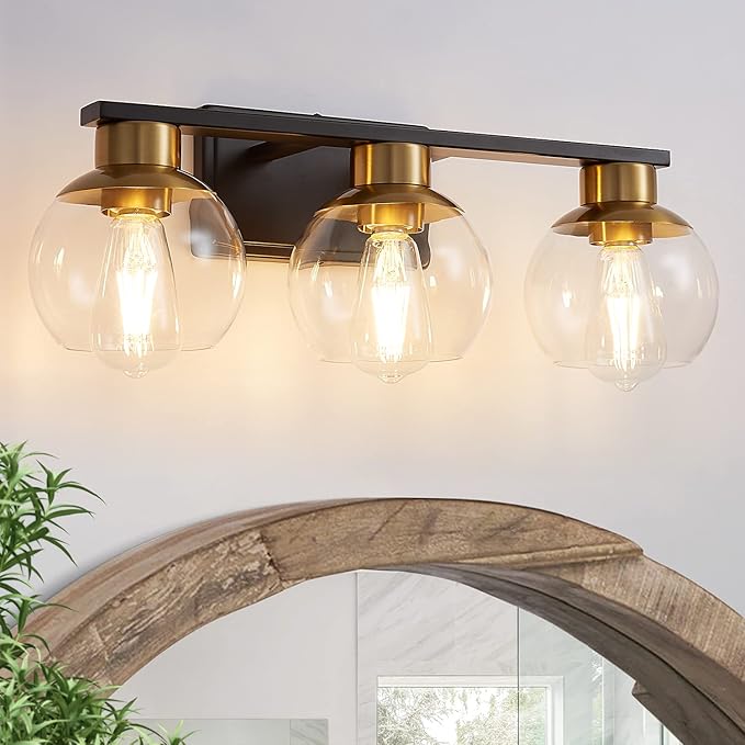 PAZALA 3-Light Bathroom Vanity Lights, Black and Gold Bathroom Light Fixtures Over Mirror with Globe Glass Shade, 22in Modern Wall Sconce for Bathr Mirror Bedroom Hallway, E26 Base(Bulbs Not Included)