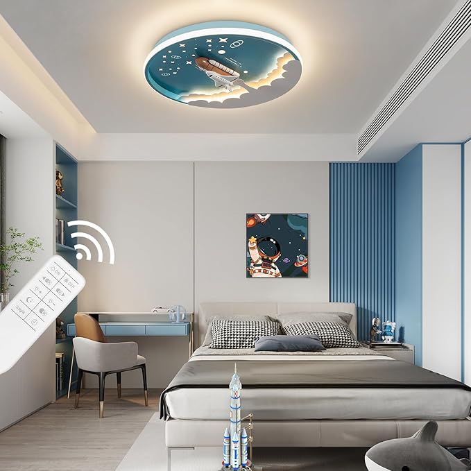 Kids Room Ceiling Lamp 20" Kitchen Ceiling Light with Remote Control 3000k-6000k Blue Cartoon Rocket Semi Flush Mount Ceiling Lights for Bedroom