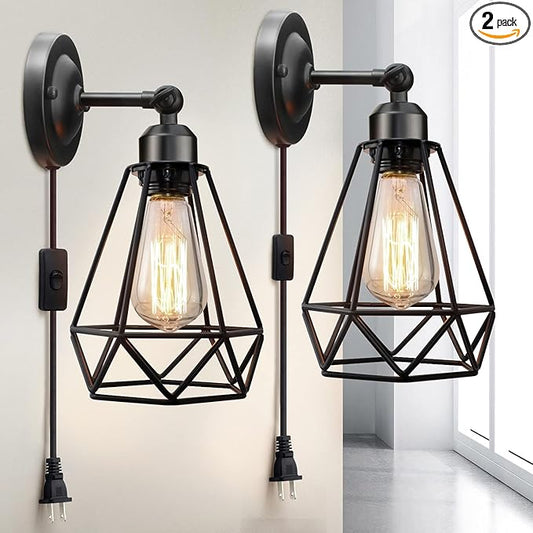 WimiSom Plug in Wall Sconce, Wire Cage, Industrial Wall Lamp with Plug in Cord, Rustic Sconce Fixture, On/Off Switch Vintage Wall Light Fixture for Headboard Bedroom Porch-2 Pack