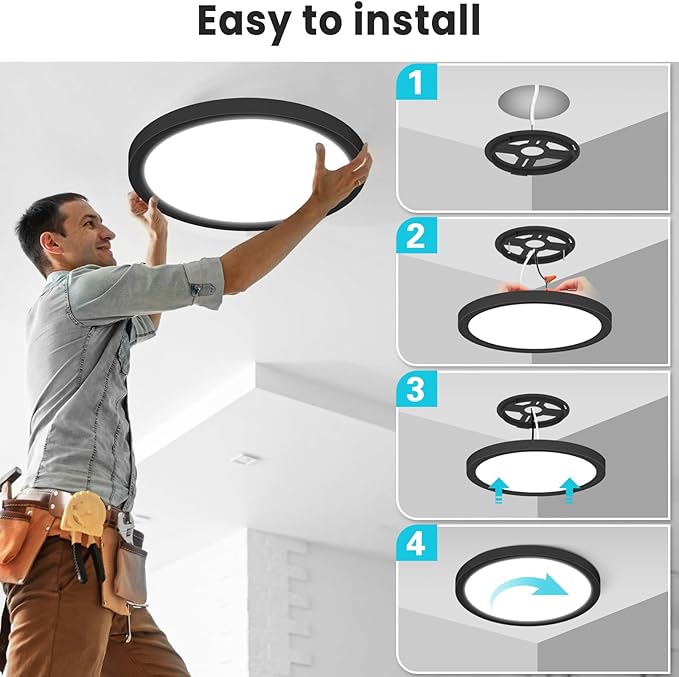 libtit 2-Pack 16" Black LED Ceiling Lights, 36W 3600lm, 3 Color Temps 3000K/4000K/6500K, Large Flush Mount Fixture for Kitchen, Hallway, Bedroom, Living Room, 120V ETL Listed