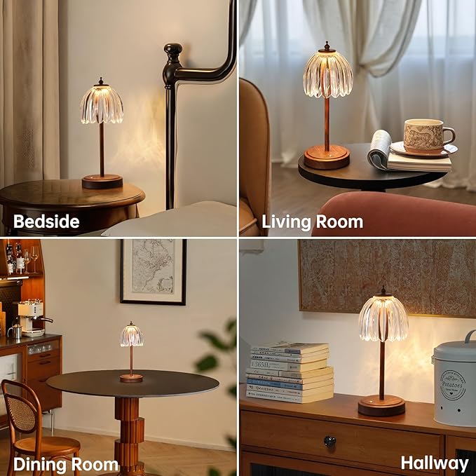 Shenmoyl Tulip Table Lamp with 5200mAh Battery & Touch Control, Small Cordless Table Lamp with 3 Colors, Rechargeable Battery Operated Table Lamps for Bedroom, Desk, Bedside (Transparent-Walnut Color)