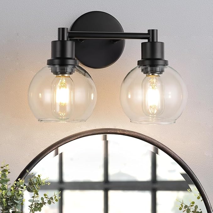 Bathroom Vanity Light 2 Light, Black Bathroom Light Fixtures with Clear Globe Glass Shade, Matted Black Wall Sconce Over Mirror for Kitchen, Living Room
