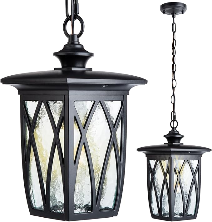 15'' Outdoor Pendant Light Fixture, Exterior Hanging Lantern, Modern Black Metal Outside Chandelier Light Fixture Ceiling Mount with Water Ripple Glass & Adjustable Chain for Porch, Gazebo, Front Door