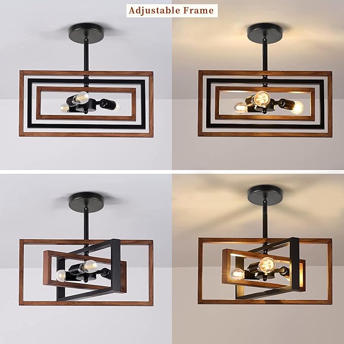 HuisMier Farmhouse 3-Light Flush Mount Ceiling Light Fixture Rustic Metal and Wood Chandelier Retro Close to Ceiling Lighting for Kitchen Entryway Hallway Bedroom Dining Room Living Room Foyer