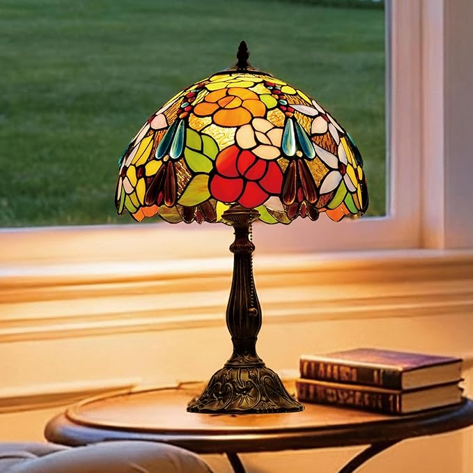 Tiffany Style Stained Glass Table Lamp, Floral Flower Desk Light with Antique Bronze Resin Base, Colorful Decorative Lighting for Bedroom, Living Room, Office 12X12X19 Inch (Flower Floral)
