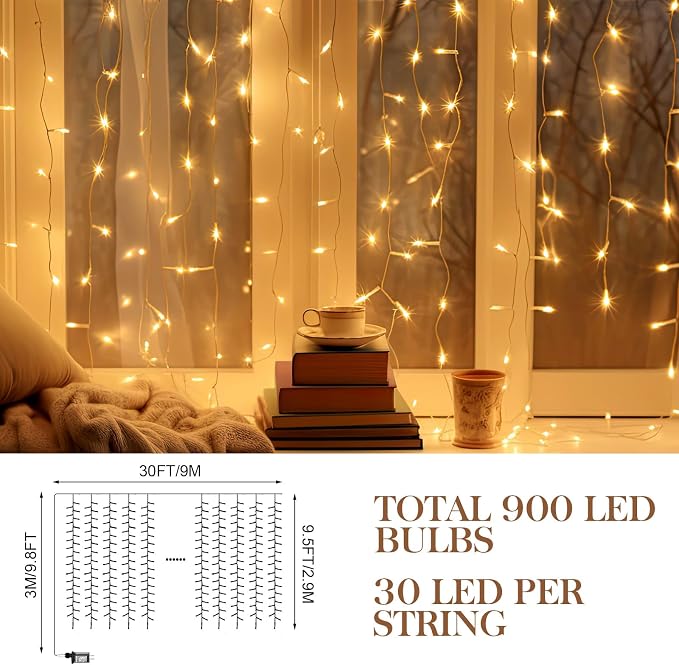 Aurelema 900 LED 30 x 9.5 Ft Christmas Curtain Lights 8 Modes Outdoor Fairy Lights with Remote Plug in Hanging String Fairy Light Waterproof for Bedroom Wall Window Backdrop Wedding Christmas Decor