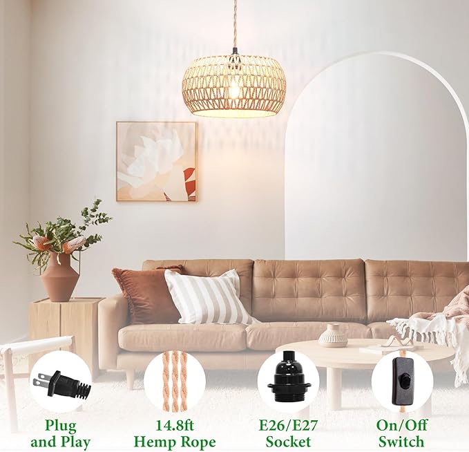 Plug in Pendant Light Rattan Hanging Lamp Pendant Light with on/Off Switch Rattan Woven Shade Hanging Lamp Plug in for Living Room Bedroom Farmhouse