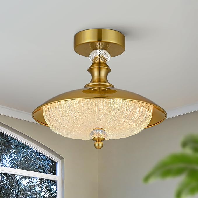 Vintage Semi Flush Mount Ceiling Light, Gold 12 Inch K9 Crystal Glass Shade, Brushed Copper Finish, 5-Light Flush Mount Lamp Mid Century Industrial for Bedroom Foyer Hallway Dining Kitchen Entryway
