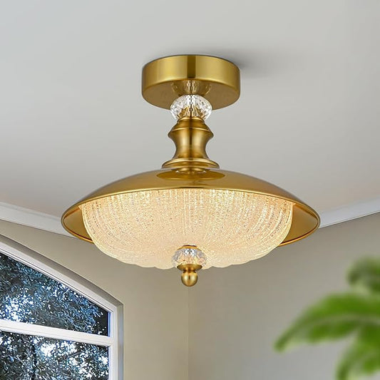 Vintage Semi Flush Mount Ceiling Light, Gold 12 Inch K9 Crystal Glass Shade, Brushed Copper Finish, 5-Light Flush Mount Lamp Mid Century Industrial for Bedroom Foyer Hallway Dining Kitchen Entryway