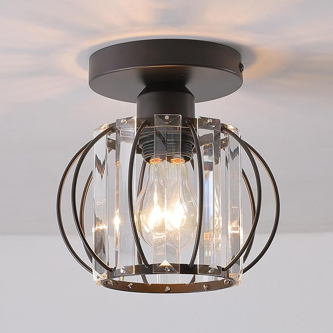 Small Oil Rubbed Bronze Hallway Light Fixture Ceiling 1 Pack- Semi Flush Mount with Crystal Cage Shade, 6.7" Low Profile Light Fixture, Dimmable E26 Base Foyer Lighting for Hallway Closet Laundry Room
