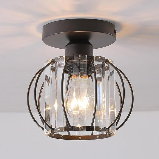 Small Oil Rubbed Bronze Hallway Light Fixture Ceiling 1 Pack- Semi Flush Mount with Crystal Cage Shade, 6.7" Low Profile Light Fixture, Dimmable E26 Base Foyer Lighting for Hallway Closet Laundry Room