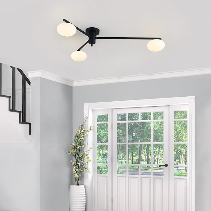 3-Light Modern Sputnik Chandelier with Milk Glass Shade - Black Flush Mount Ceiling Light for Kitchen