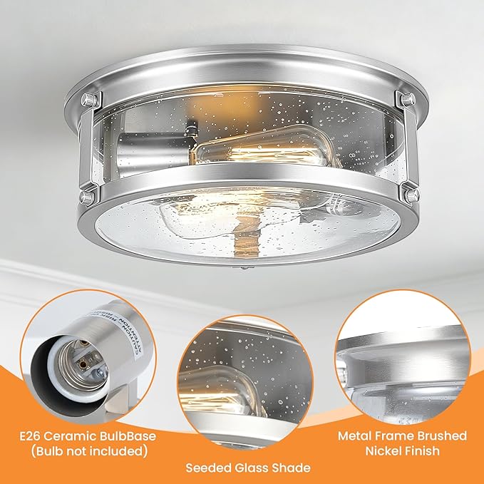 Flush Mount Ceiling Light, 2-Light Metal Cage Ceiling Light Fixture, Brushed Nickel Flush Mount Light with Seeded Glass Shade for Kitchen, Hallway, Bedroom (12 Inch)