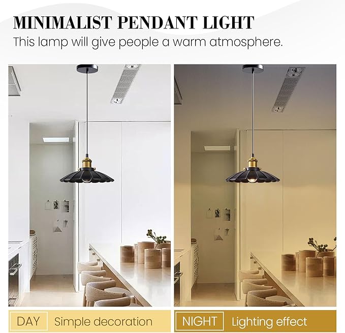 Black Pendant Light, 9.8 Inch Retro Hanging Lamp for Bedroom, Glossy Hanging Kitchen Lights Living Room 6.5Ft Height Adjustable Indoor Pleated Pendant Light