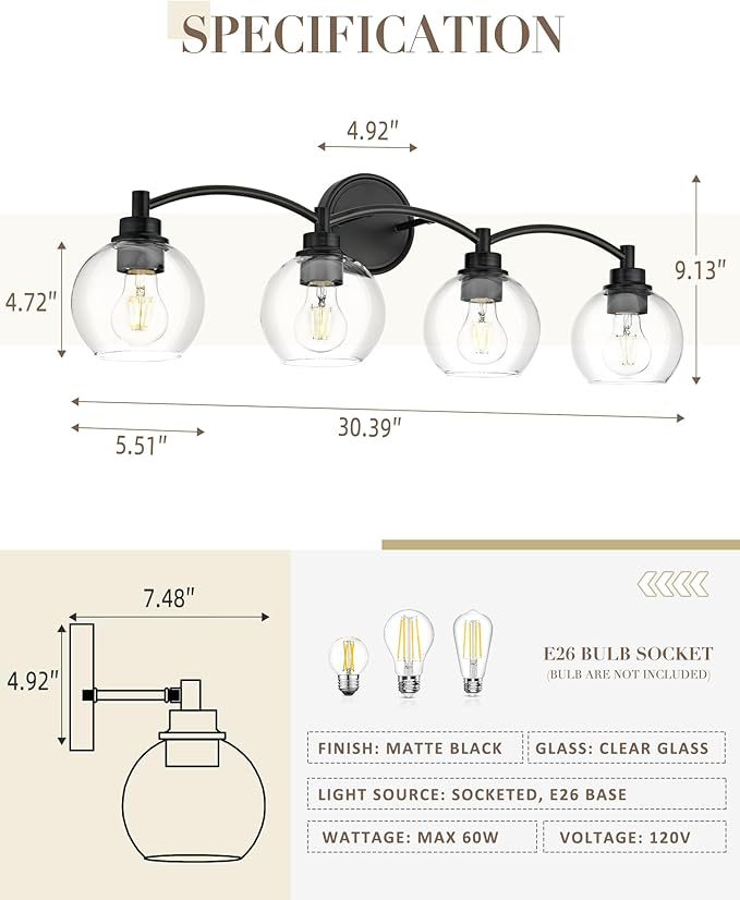 4-Light Vanity Light Fixture Over Mirror,Globe Bathroom Light with Clear Glass,Modern Black Wall Sconce,ZCVL02BK-4
