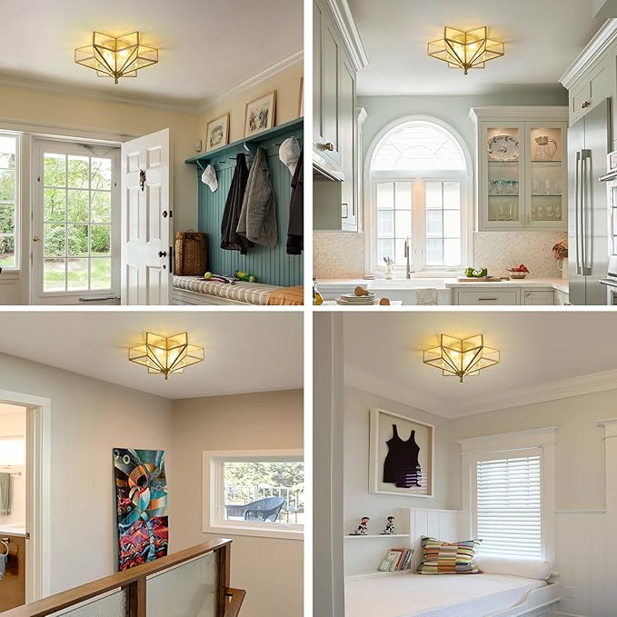 Star Brass Glass Ceiling Light - Small 12 in Gold Hammered Flush Mount Fixture - Unique Art Deco Vintage Modern Lighting Lights for Bedroom Dining Foyer Entryway Hall Hallway Outdoor Porch