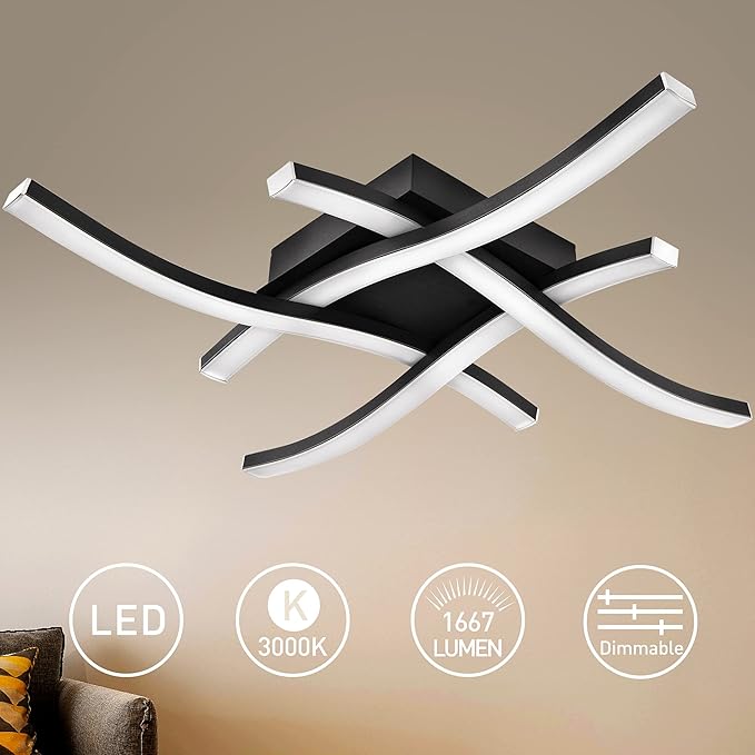 EDISLIVE Modern Dimmable LED Ceiling Light Curved 4-Light 18 in Minimalist Flush Mount Ceiling Light Fixture Lamp for Bedroom Foyer Kitchen 3000K 24W Black