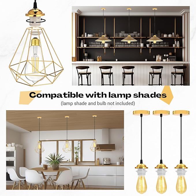 12 Pack Industrial Mini Pendant Light Kit Bulk, UL E26/E27 Lamp Socket 3.28 ft Adjustable Hanging Light Cord Kit Edison Vintage Retro Ceiling Lamp Fixture for Kitchen Bar Decor(Gold)