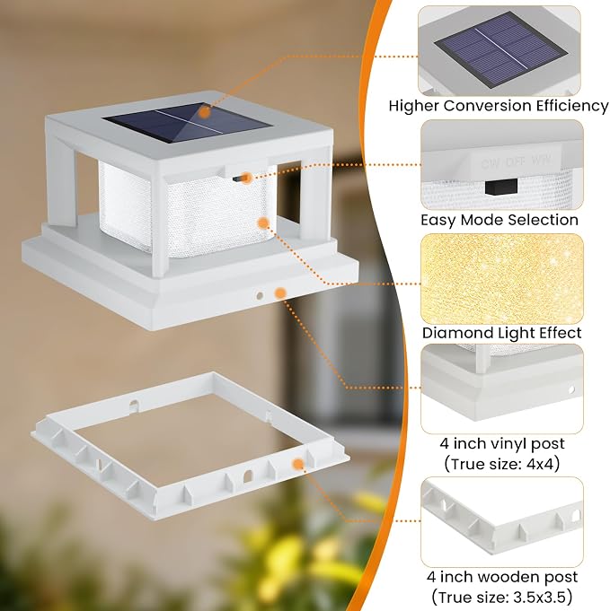 Mlambert 4 Pack Solar Post Lights Outdoor, 2 Modes LED Fence Cap Light for 4x4 Post, Waterproof Deck Light Patio Garden Decor, Warm/Cool White, White