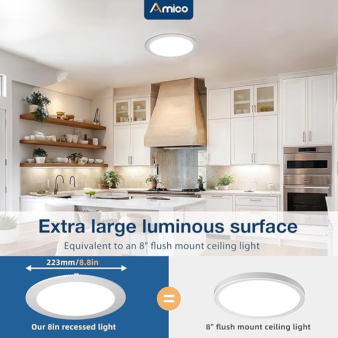 Amico 4 Pack 8 Inch 5CCT Ultra-Thin LED Recessed Ceiling Light with Junction Box, 2700K/3000K/3500K/4000K/5000K Selectable, 18W Eqv 125W 1600LM Brightness Dimmable Canless Wafer Downlight, ETL
