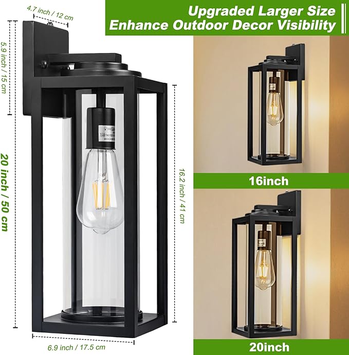 FILIYANO 20inch Dusk to Dawn Outdoor Wall Light Fixtures - 2 Packs Large Exterior Waterproof Lighting, Modern Porch Sconces Wall Mounted Lighting, Industrial Black Outside Lantern for Front Door