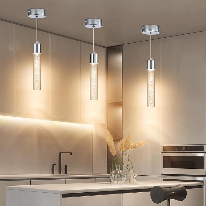 3 Pack Modern LED Pendant Light, Chrome Bubble Hanging Ceiling Lamp Fixture, 3 Color 2700K/4500K/6500K, Small Kitchen Island Chandelier Over Table for Dining Room, Living Room, Bedroom, Bar, Cafe