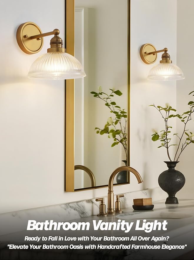 Gold Wall Sconce,Vintage Bathroom Vanity Light with Clear Glass Brass Bathroom Sconces Wall Lighting for Living Room Bedroom Hallway Stairway E26 Hardwire Indoor