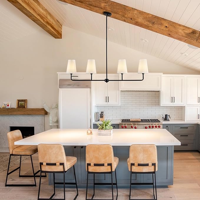 Black Linear Chandelier Modern Farmhouse Kitchen Island Light Fixture Classic 4 Light Chandeliers with White Linen Shades Over Dining Table
