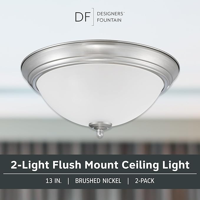 Designers Fountain Flush Mount Ceiling Light, 2-Pack, 13 Inch Frosted Glass Lighting Fixture for Kitchen, Bedroom, Bathroom, and Hallway, LED Bulbs Not Included, Brushed Nickel