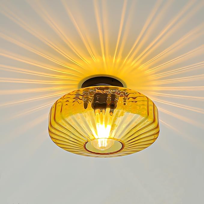FCTWAKS Semi Flush Mount Ceiling Light, 11.8" Mid Century Modern 1-Light Close to Ceiling Light Fixtures with Drum Amber Glass Shade for Bedroom Entryway Hallway Porch Foyer