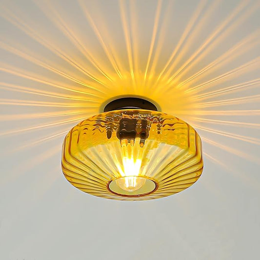 FCTWAKS Semi Flush Mount Ceiling Light, 11.8" Mid Century Modern 1-Light Close to Ceiling Light Fixtures with Drum Amber Glass Shade for Bedroom Entryway Hallway Porch Foyer
