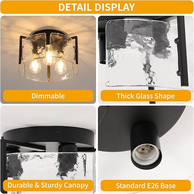 Modern 3-Light Semi Flush Mount Ceiling Light, Black Metal with Water Ripple Glass Shade, Farmhouse Close to Ceiling Light Fixture for Hallway, Bedroom, Kitchen, Living Room, Entryway