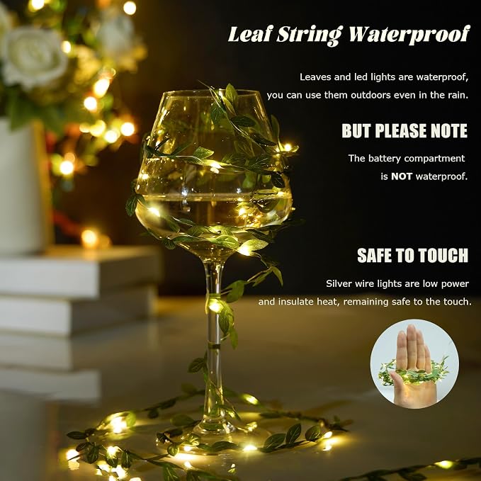 2pcs 6.5Ft Green Leaves String Lights 20 LED Fairy Lights Battery Operated Artificial Ivy Leaf Garland with Light for Indoor Home Wall Birthday Wedding Decor