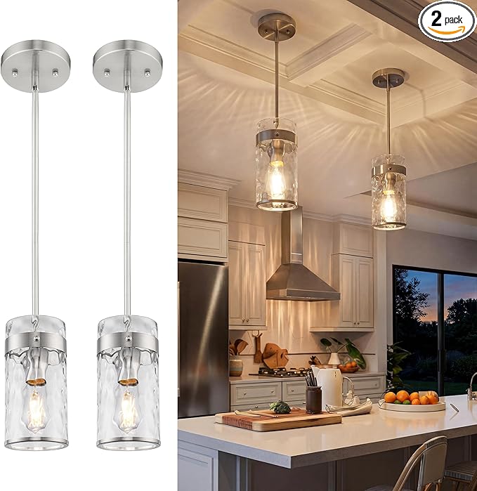 AUTELO Glass Pendant Light, Brushed Nickel 2 Light Island Pendant Lights for Kitchen with Hammered Glass, Modern Hanging Lamp with Adjustable Rods for Dining Room Bedroom Bathroom, H-2529 HMST2PK