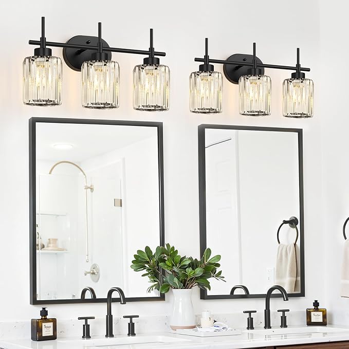 Matte Black Vanity Light, 3-Light Crystal Modern Bathroom Lighting Fixtures Over Mirror, Black Bathroom Vanity Light (Bulbs Not Included)