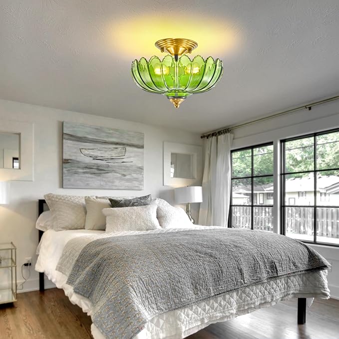 Green Glass Ceiling Light Fixture - Handcrafted Art Glass Semi Flush Mount Chandelier, 3 E26 Bases with Natural Green Shade Lighting, Modern Farmhouse Decor for Kitchen Dining Hallway