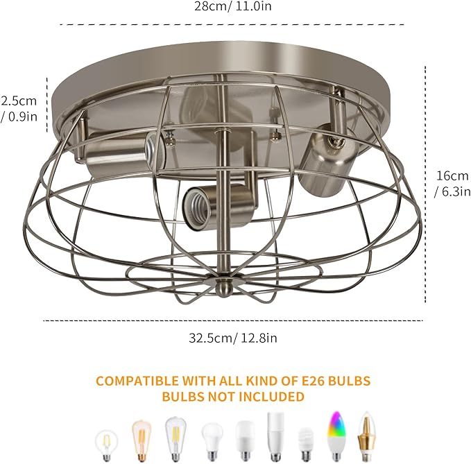 Flush Mount Ceiling Light Brushed Nickel Ceiling Light Fixture 3-Light Modern Flush Mount Ceiling Light Metal Cage Kitchen Ceiling Light Fixtures for Bedroom, Living Room, Hallway Foyer