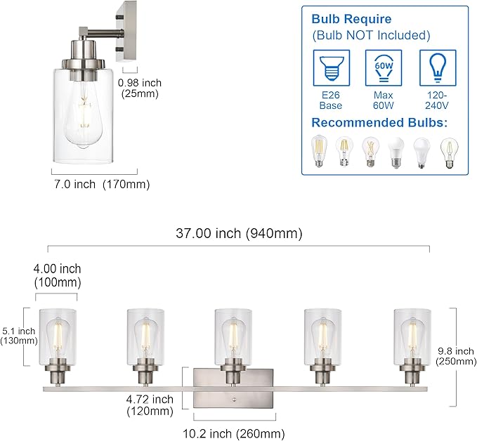 MELUCEE 5-Light Bathroom Vanity Light Brushed Nickel Wall Sconce Modern Light Fixtures Wall Mount with Clear Glass Shade for Porch Bedroom Hallway Kitchen (Patent No.: US D963914 S)