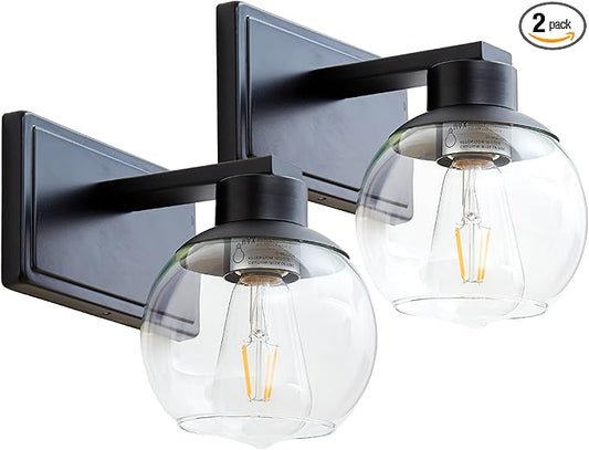 Bathroom Sconces Set of 2, Black Wall Sconces Set of Two, Bathroom Vanity Light with Clear Glass Shade, Modern Wall Light Fixtures for Bath Mirror Hallway Bedroom Living Room, Hardwired, E26 Base