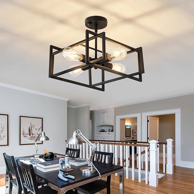 ZGLAOJT Motion Sensor Ceiling Light Fixture 4-Lights Semi Flush Mount Ceiling Light Black Industrial Indoor Chandelier for Kitchen Living Room Bedroom Farmhouse Hallway Foyer