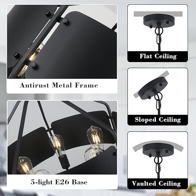 21'' Black Farmhouse Chandeliers for Dining Room, Vintage Industrial Large Drum Chandelier, Rustic Round Coastal Pendant Light Fixtures Adjustable Hanging for Kitchen Island Foyer Hallway - 5 Light