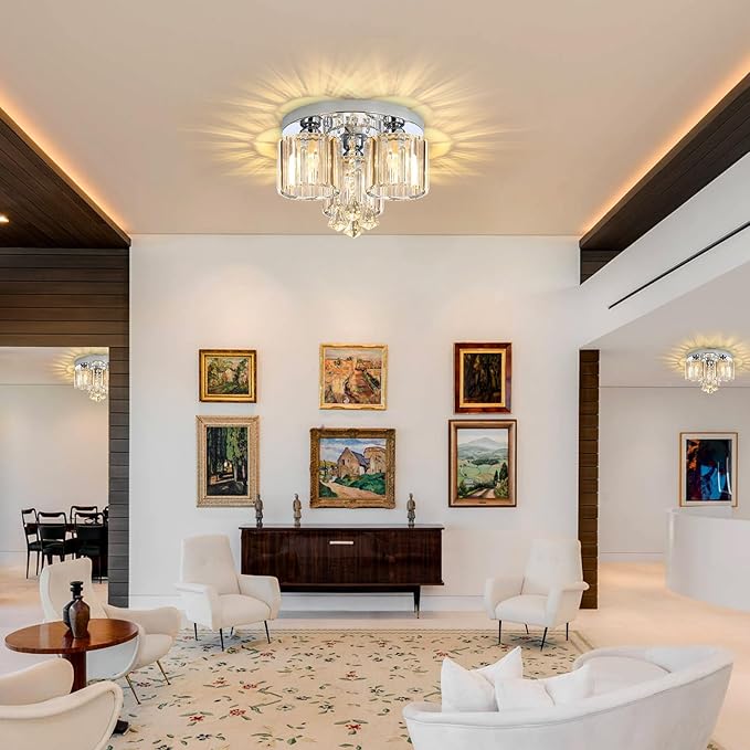 3-Light Glam Drum Chandelier Crystal Ceiling Light Fixture Kitchen LED Chandeliers for Bedroom Entrance Foyer Crystal Pendant Drops Silver Lamp