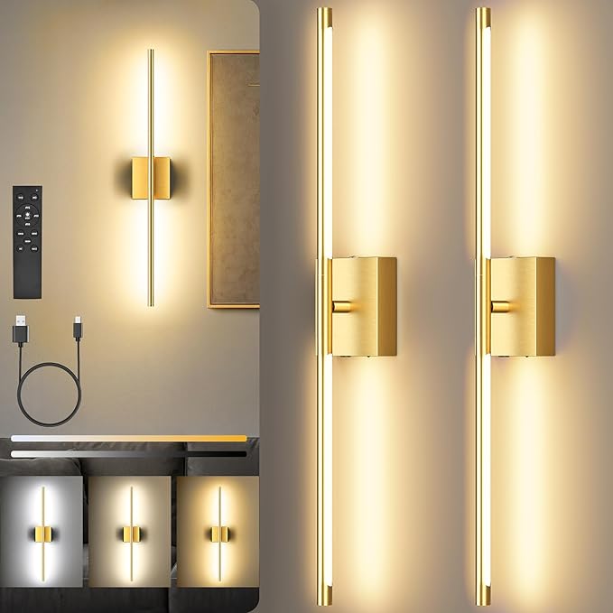 Battery Operated Wall Sconces Set of Two, 10000mAh Rechargeable Wall Lights with Remote Control, 360° Rotate Dimmable Gold LED Cordless Lamps for Bedroom, Living Room, Hallway, 29 Inch, 3CCT
