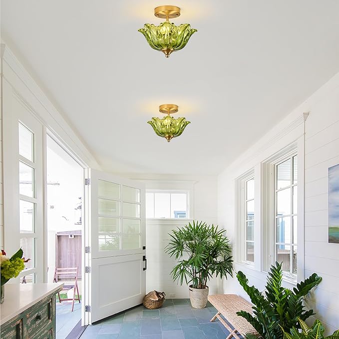 Semi Flush Mount Ceiling Light, Gold Vintage Light fixtures with Floral Green Glass Shade, Modern Close-to-Ceiling Lighting for Bedroom Kitchen Living Room Hallway